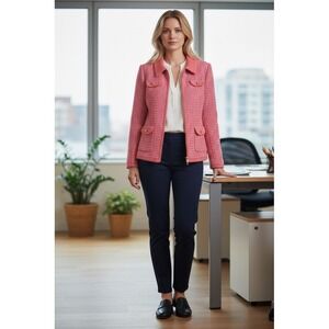 Talbots Sweater Jacket Women Plus 1X petite Pink Stripe Collared Full Zip blazer